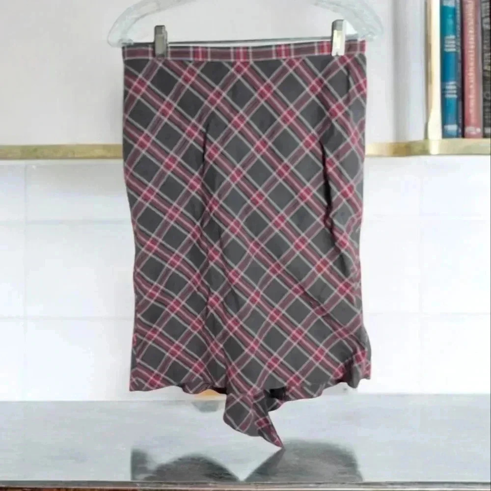 Pink Gray Plaid Skirt w Tail by London Jean Chino Stretch sz 4